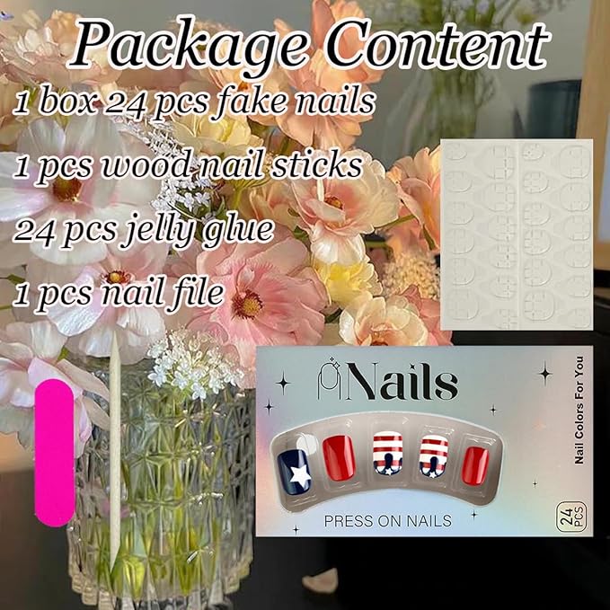 24Pcs Independence Day Press on Nails Short 4th of July Fake Nails American Flag Design Patriotic Glue on Nails Artificial Star False Nails Square Acrylic Nails Holiday Stick on Nails for Women Girls