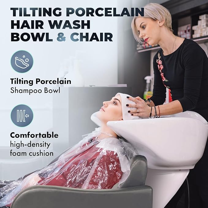 Buy-Rite Lexus Backwash Unit - Professional Salon Shampoo Chair with Extra-Wide Seat, Kick-Out Leg Rest, Tilting Porcelain Bowl, Single-Handle Faucet & Neck Rest, European Style Gray TS-8018B
