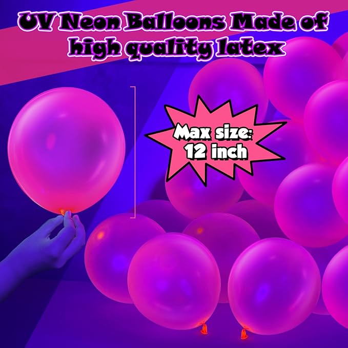 100 Pcs UV Neon Pink Balloons 12 inch Neon Party Supplies, Balloons, Glow in the Dark for Birthday, Graduation, Baby Shower,Wedding, Anniversary Valentines Party Decorations