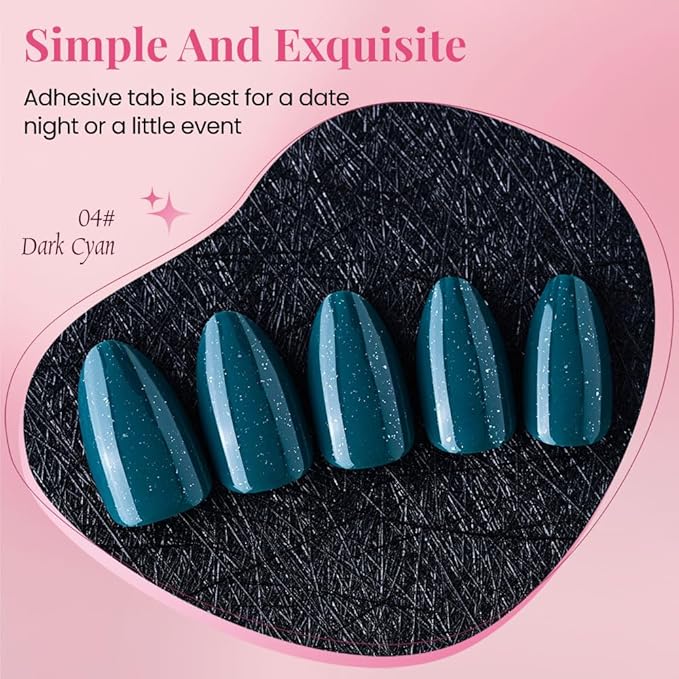 evpct Press on Nails Almond Short, Dark Cyan Green Glitter Shimmer Shiny Short Almond Fake Nails for Women Gift, Soft Gel Press Glue On Nails with Nail Glue, 30Pcs Reusable Acrylic Nail Manicure Kit