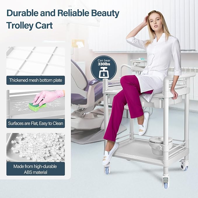 2 Tier Esthetician Cart, Rolling Utility Cart with Bucket & 2 Big Drawers, Heavy Duty Salon Trolley with 360 Rotate Silent Wheels, Load 330lbs Mobile Medical for Salon Hospital Office Lab