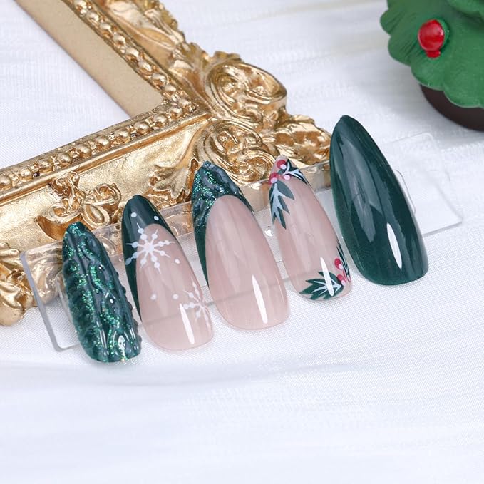 24Pcs Christmas Press on Nails Medium French Tip Fake Nails Winter Snowflake Acrylic Nail Xmas Holly Candy Design Cute Almond False Nail Green Full Cover 3D Christmas Glue on Nails Supplies for Women