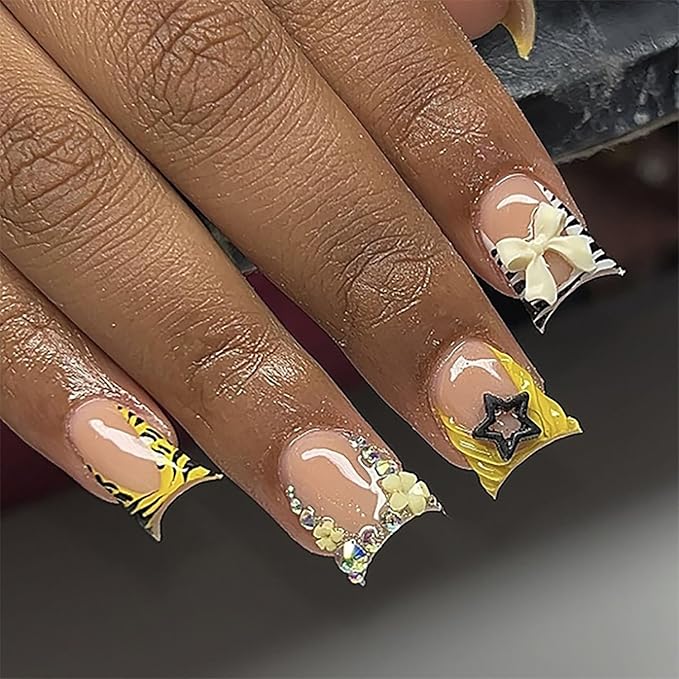 Short Square Press on Nails Bow Fake Nails French Tips False Nails Zebra Print 3D Bow Flower Star with Rhinestone Design Cute Stick on Nail Acrylic Artificial Nail for Women Decor Manicure Accessories