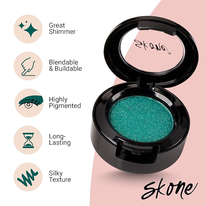 Skone Cosmetics Gems Eye Shadow, Highly Pigmented, Longwear Eye Makeup, Single Eyeshadow with Pro Shimmery Finish - Ultra-Blendable, Slightly Shimmer Shades - Green Eyeshadow - Romance