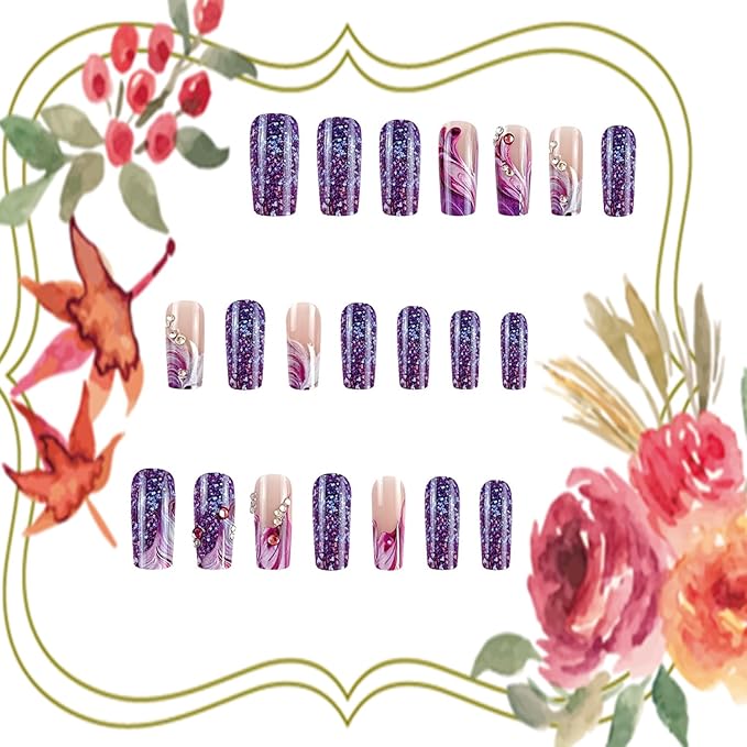 Purple French Tip Press on Nails Medium Ballet Shaped Stripes Purple Glitter Powder Design Full Cover Artificial Stick on Nail Rhinestones False Nail Acrylic Press Ons Glue on Nails for Women 24Pcs