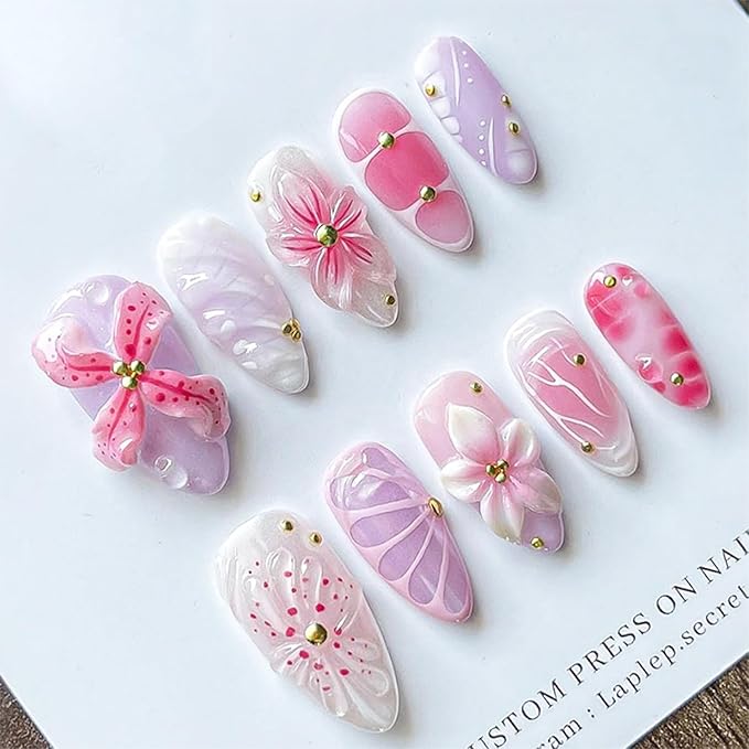 30pcs Pink Flower Press on Nails Medium Almond Fake Nails with 3D Cute Flowers Gold Beads Designs Summer Floral False Nails Kit Handmade Full Cover Acrylic Nail Tips Glue on Nails for Women