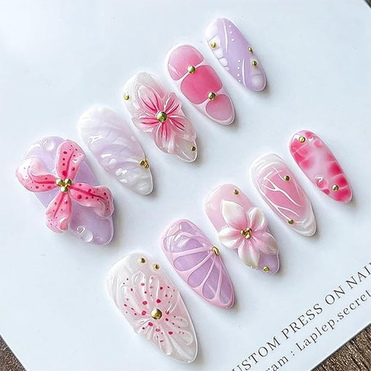 30pcs Pink Flower Press on Nails Medium Almond Fake Nails with 3D Cute Flowers Gold Beads Designs Summer Floral False Nails Kit Handmade Full Cover Acrylic Nail Tips Glue on Nails for Women