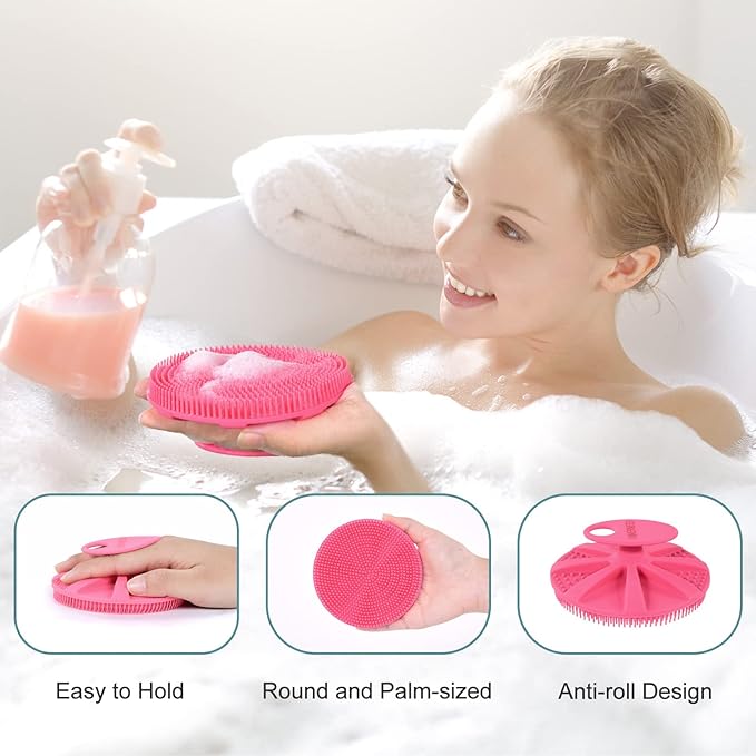 INNERNEED Food-Grade Soft Silicone Body Scrubber Shower Brush Handheld Cleansing Skin Brush, Gentle Exfoliating and Lather Well (Pink)