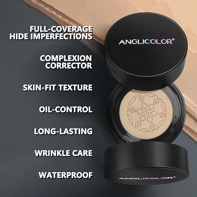 Anglicolor Mushroom Head Air Cushion CC Cream Full Coverage,Face Makeup Cushion Foundation Long Lasting,BB Cream Even Skin Tone for Oily & Combination Types (#01 Porcelain)