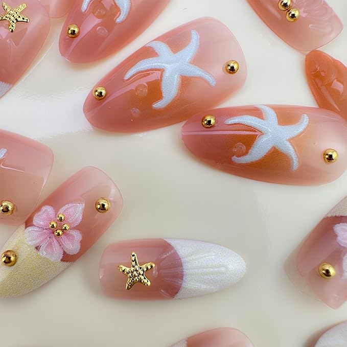 30Pcs Pink Flower Press on Nails Medium Almond Fake Nails with 3D Gold Starfish Gold Beads Shell Design White Yellow French Tip False Nails Spring Summer Floral Stick on Nails for Women Decor