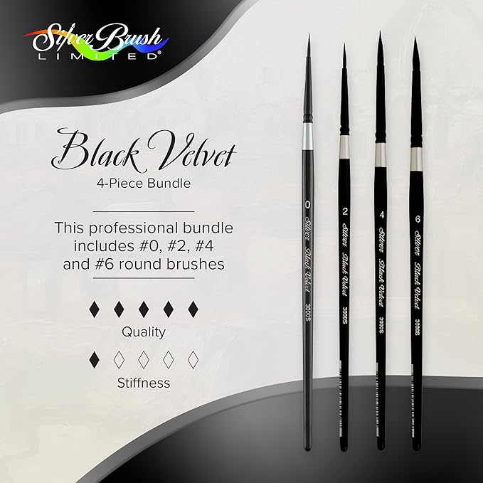 Silver Brush Limited BV-3054S Black Velvet Short Handle Small Round Brushes, Mixed Filament with Very Soft Tips, 4pc Professional Artist Painting Bundle for Watercolors, Gouache, Dyes & Silk Painting