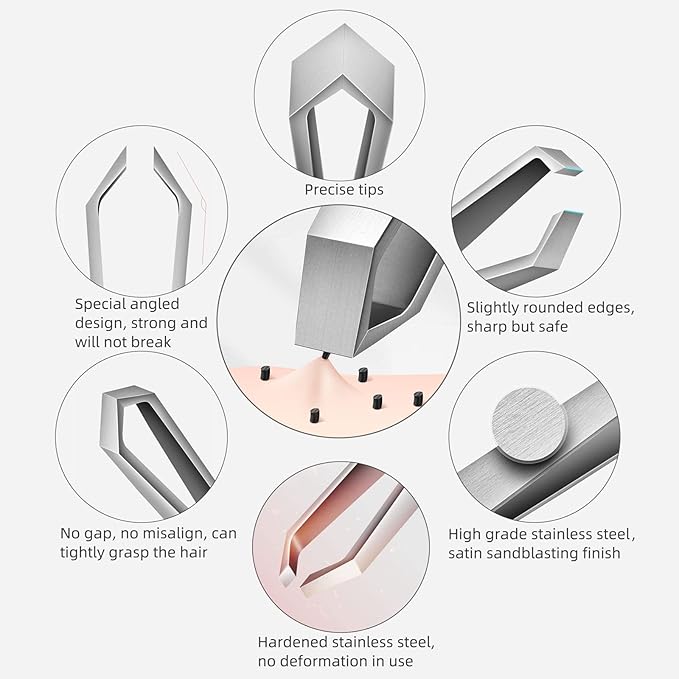 Beard & Hair Plucking Tweezers, Fine Eyebrow Tool, Stainless Steel, 10mm Tip, Anti-Slip Slot Design, Cyan PU Case