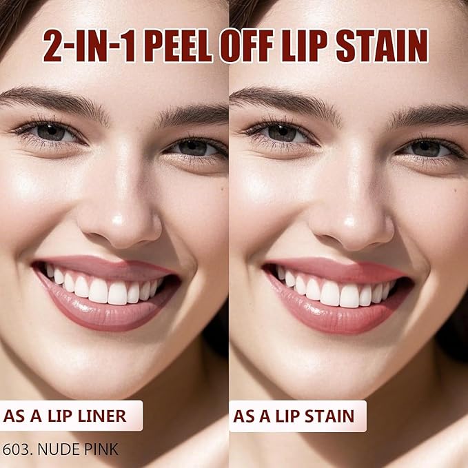 Lip Liner Stain Peel Off with Tweezer, Long Lasting Matte Lip Tattoo, Highly Pigmented Color Lip Makeup, Waterproof, Transfer-proof Lipstain for Women, Nude Pink