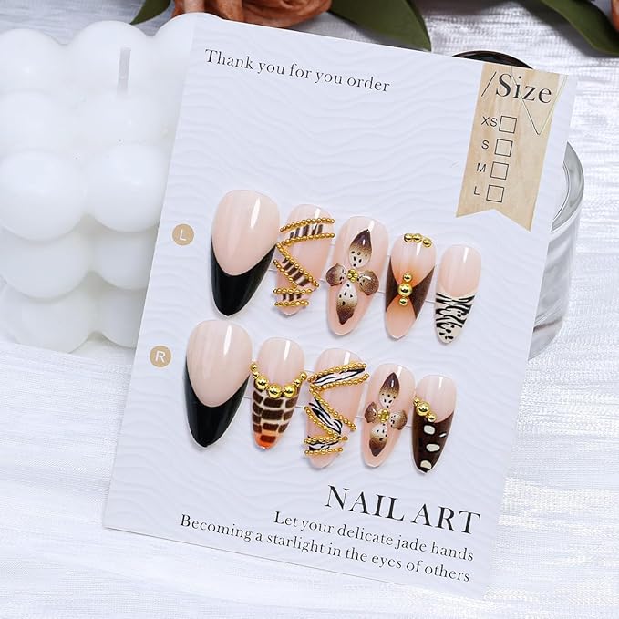 Fall Almond Press on Nails Medium French Tip Fake Nails Luxury Gold Beads Glue on Nail Brown Handmade Acrylic Nails Autumn Flower False Nail Leopard Print Tip Stiletto Stick on Nail for Women 24Pcs