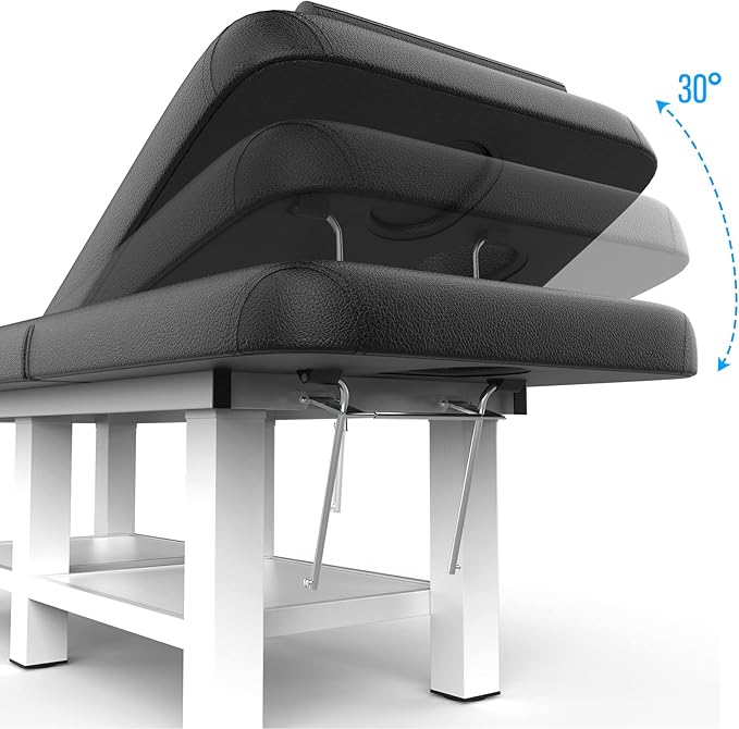 Stationary Massage Table with Backrest and Storage Space, 6 Square Legs Metal Frame PU Leather, 31.5'' Wide × 75'' Long for Treatment Table Physical Therapy Table Spa Facial Bed, Black
