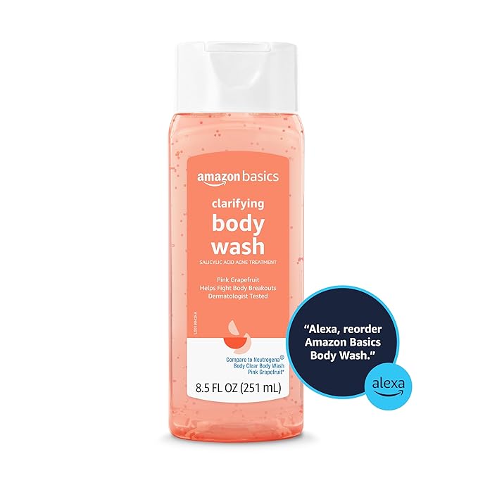 Amazon Basics Clarifying Pink Grapefruit Body Wash, 2% Salicylic Acid Acne Treatment, Dermatologist Tested, 8.5 Fl Oz (Pack of 4) (Previously Solimo)
