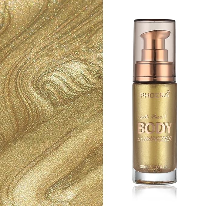 Body Shimmer Oil, Metallic Gold Natural Glow Luminizer, Long Lasting Waterproof Moisturizing Liquid Illuminator Highlighter Makeup for a Sun-Kissed Glow, Brush Include, 1oz, Light
