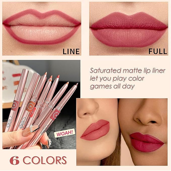 Lip Liner Set, 6 Colors Longwear and Pigmented Matte Lip Pencil Makeup, Smooth Application, Retractable Waterproof Lip Liner