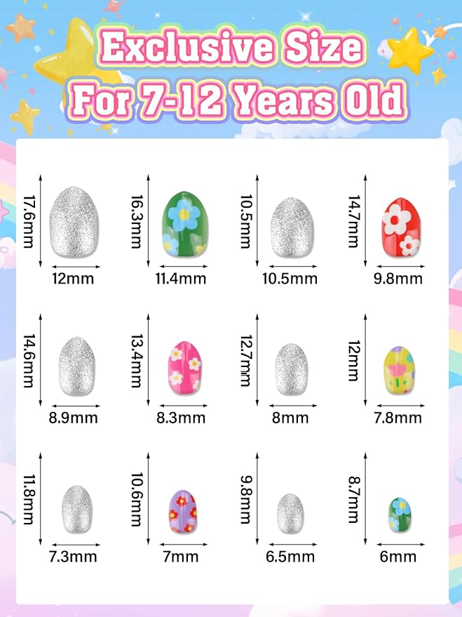 144 Pieces Press on Nails for Kids, EBANKU 6 Pack Kid Fake Nail Pink Gold Flower Star Press on Nails for Girls 5-12 Years with Jelly Nail Adhesives