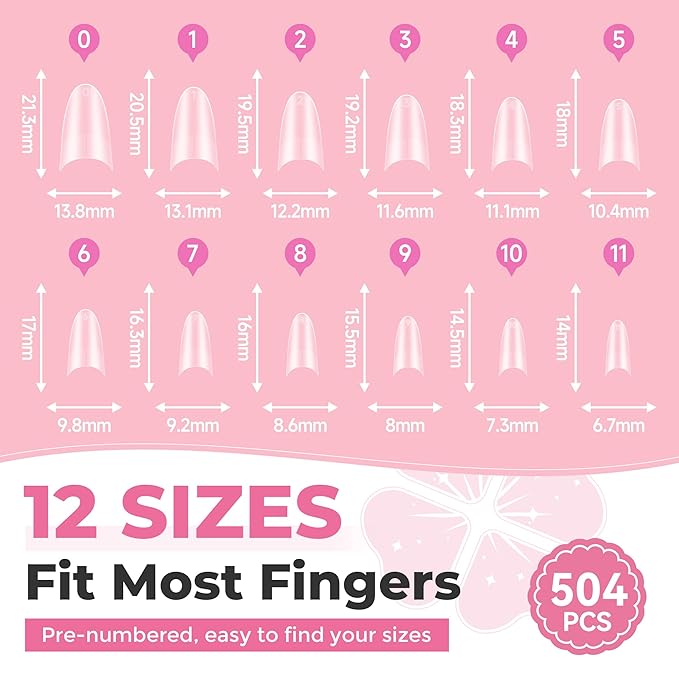 Almond Nail Tips: 504pcs Double-sided Matte Half Cover Medium Almond Shape Tips, Pre-etched Soft Gel Press on Nails, 12 Sizes No C Curve Clear False Fake Nails for Extension Manicure Home