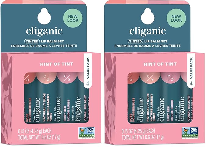Cliganic Tinted Lip Balm - Non-GMO, 4 Colors - Enriched with Vitamin E, Cruelty Free (Pack of 2)