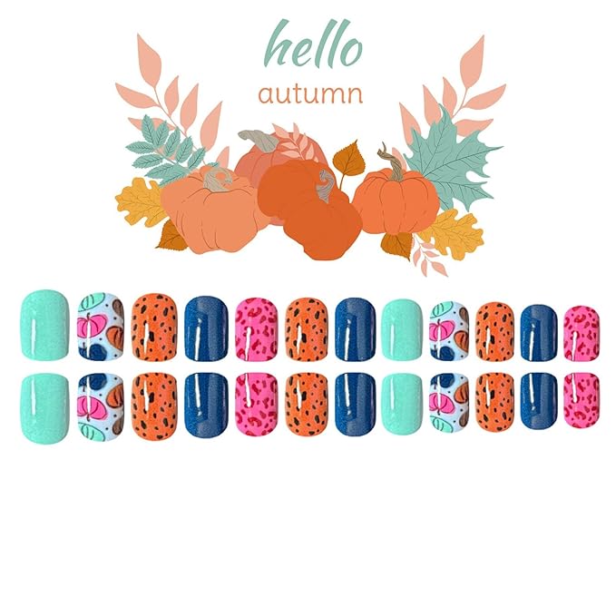 Colorful Pumpkin Press on Nails Short Square Fake Nails Cute False Nails with Leopard Spots Design Fall Glue on Nails Thanksgiving Acrylic Nail Glossy Stick on Nail for Women 24Pcs