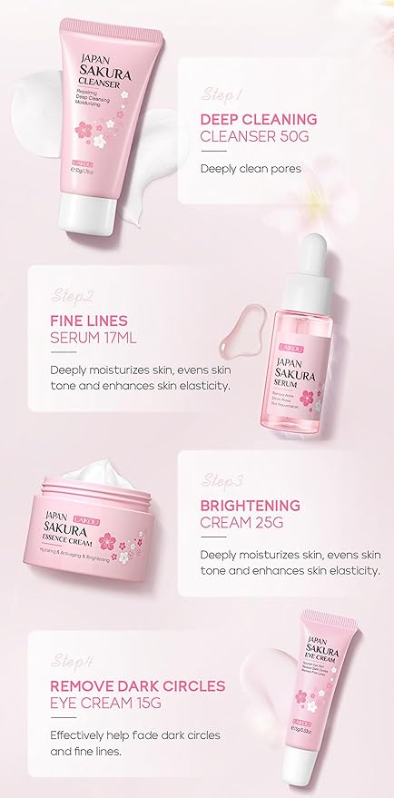 Gentle Skin Daily Skincare Set for Teen Girls & Women, JAPAN SAKURA Face Care Kit Includes Cleanser Hydrating Serum Essence Eye Cream, Sensitive Skin & Travel Essentials (4PCS)