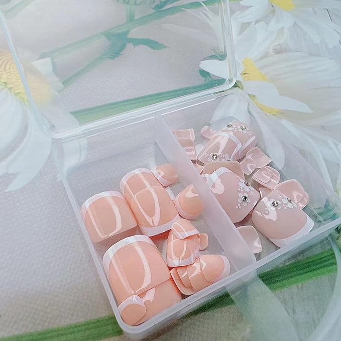 French Tip Press on Toenails Pink Fake Toe Nails with Floral Design Summer False Toenails White French Tips Toe Nails Kit Press ons Glossy Cute Toenails Flower Rhinestones Nails for Women 48Pcs