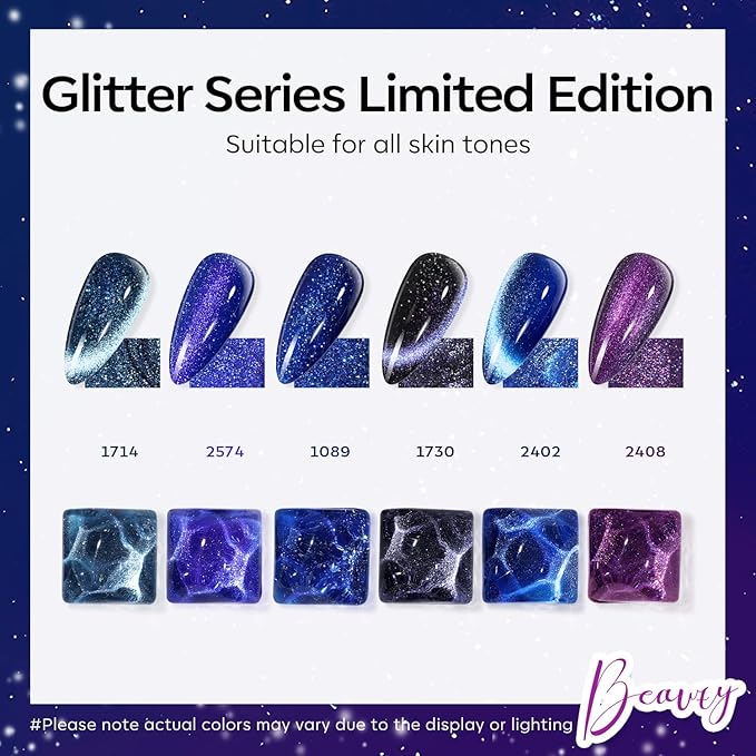 modelones Cat Eye Gel Nail Polish 6 Colors Fall Winter Black Blue Purple Glitter Gel Nail Polish Dark Blue Chameleon Sparkle Shimmer Polish with Magnet Soak Off Led Nail Art DIY Salon Gifts For Women