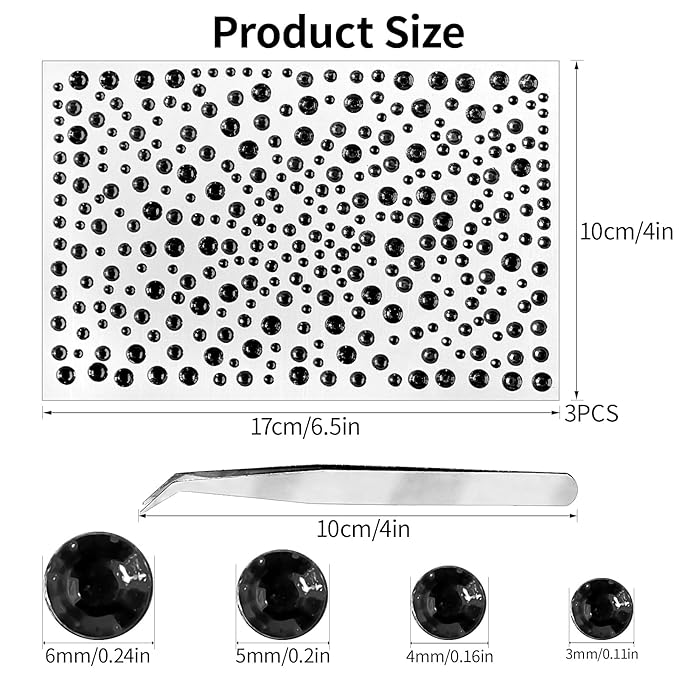 975Pcs Face Gems Hair Gems, Self-Adhesive Face Jewels Eye Jewels Rhinestones 3/4/5/6 mm DIY Face Gems Stick on, Hair Body Rhinestones Gems Crystals Pearls for Face Makeup, Crafts (gem_Black)