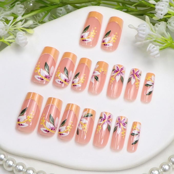 French Tip Press on Nails Medium Length Square Fake Nails with Flower Designs Orange Nails Press ons Fall False Nails for Women 24Pcs