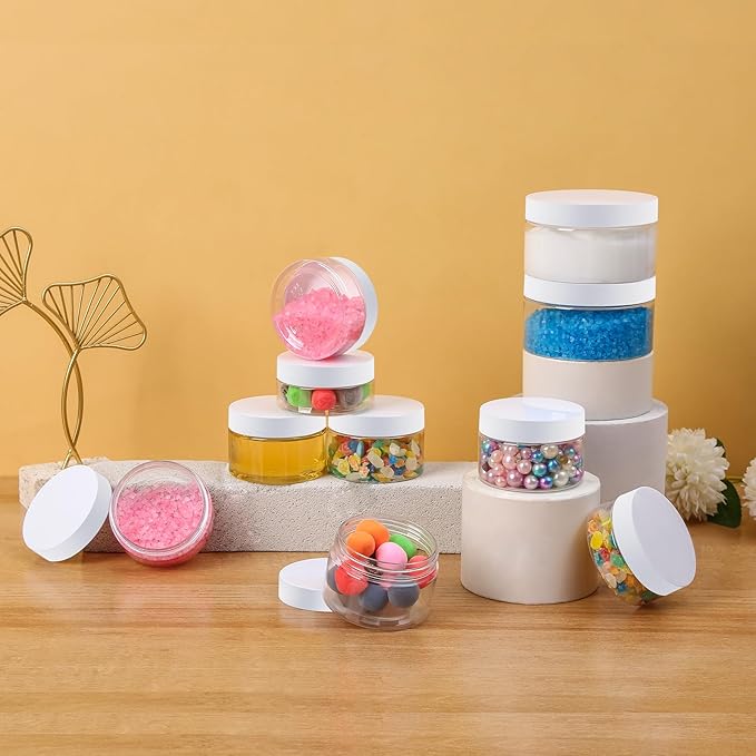 24 Pack 8 Oz Plastic Containers with White Lids, Clear Empty BPA Free and Refillable Cosmetic Jars Travel Containers for Creams, Lotion, Bath Salts, Sugar Scrub, Slime, Lip Scrub, Makeup