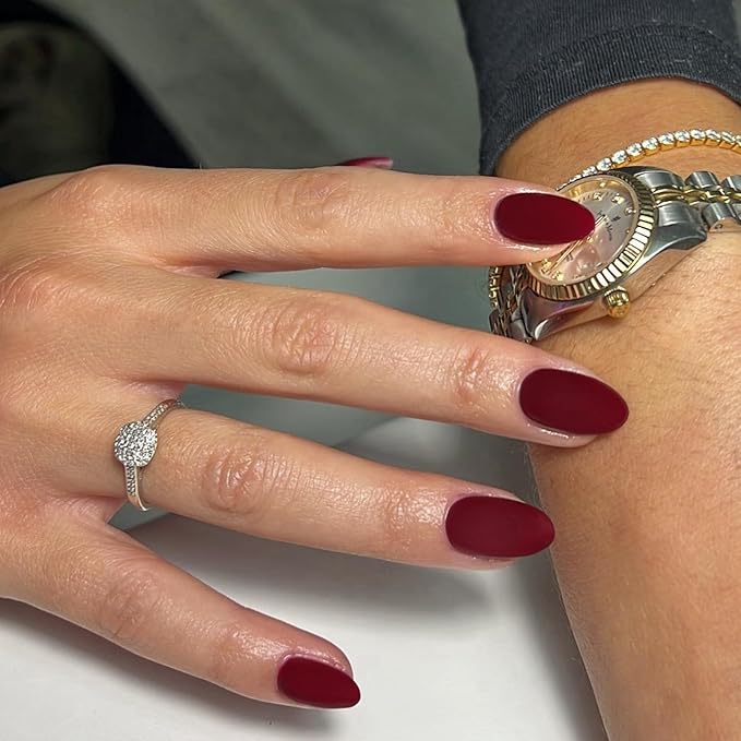 Matte Wine Red Press on Nails Short Almond Fake Nails Press ons, Thick Solid Color Glue on Nails Short False Medium Almond Nail Oval Round Shaped for Women, 24Pcs Natural Acrylic Gel Nail