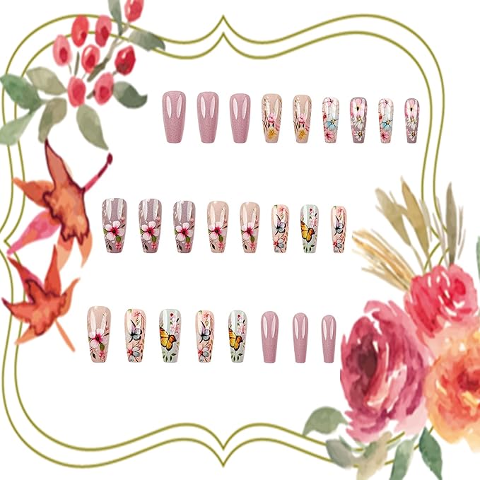 Flower Press on Nails Medium Ballet Shaped Colorful Floral Butterfly Pattern Design Spring Summer False Nail Full Cover Artificial Stick on Nails Press Ons Glossy Glue on Nail for Women