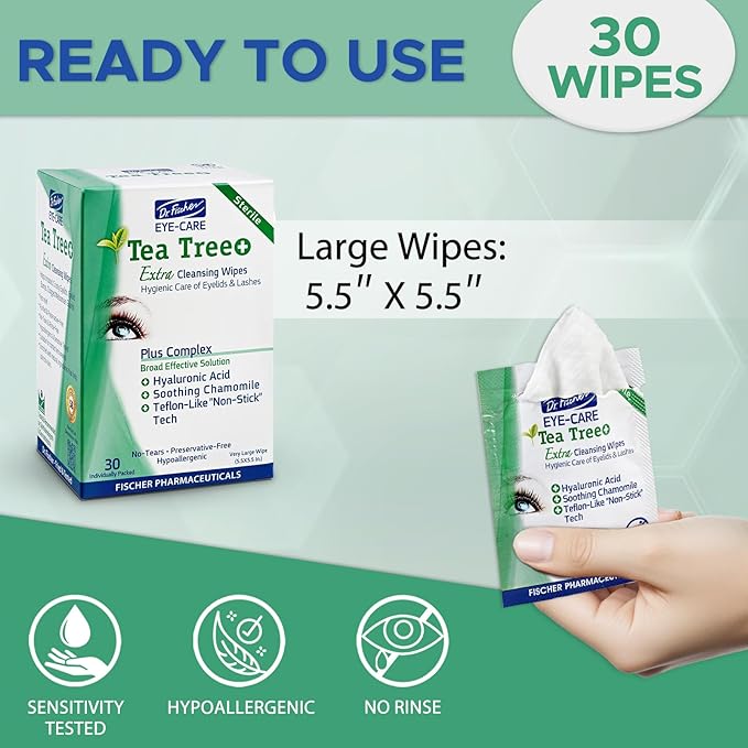 Dr. Fischer Tea Tree Oil Eye Wipes - Eyelid Wipes for Sensitive Eyes with Hyaluronic Acid and Chamomile, Makeup Remover, Daily Cleanser (60 wipes)