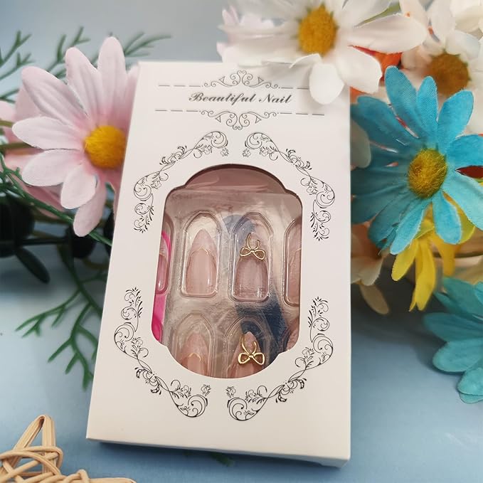 White French Tips Press on Nails 24Pcs Gold Bow Press ons Fingernails Curve Line Gel Glue on Acrylic Fake Nails Glossy Nude Medium Almond False Nail Gradient Stick on Nail for Holiday Manicure Art