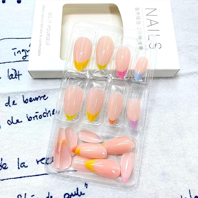 Fall French Tip Press on Nails Medium Almond False Nails With Colorful French Tip Design Full Cover Glue on Nail Reusable Colorful Acrylic Fake Nails Glossy Artificial Stick on Nail for Women