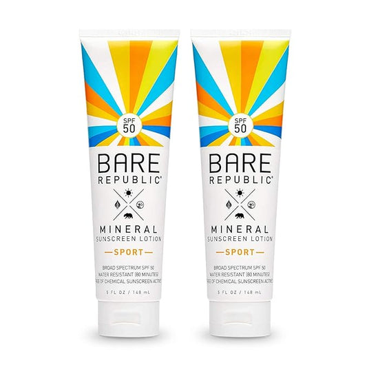 Bare Republic Mineral SPF 50 Sport Sunscreen Lotion. Natural Vanilla Coconut Scented Lightweight and Sheer Sunscreen Lotion, .5 Ounces, 2 Pack