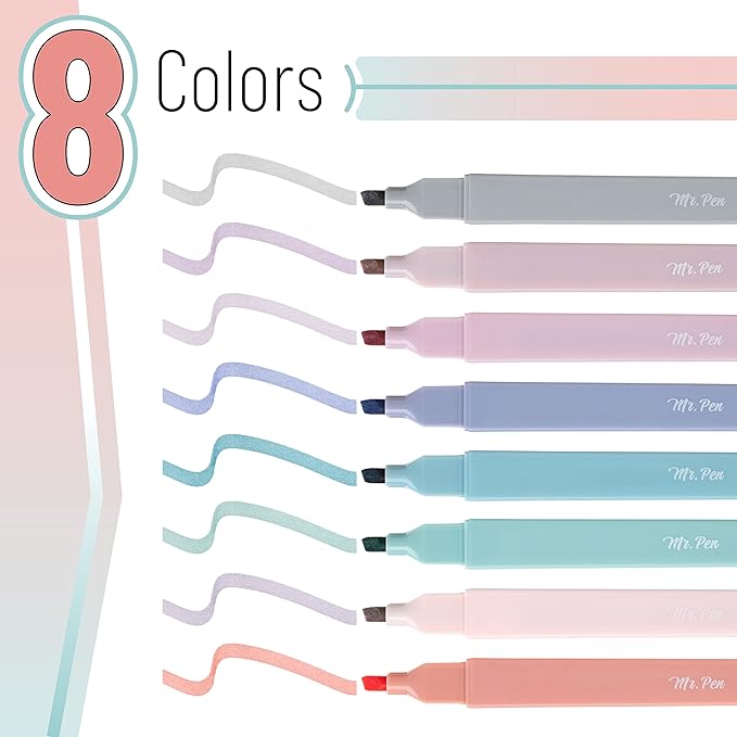 Mr. Pen- Aesthetic Cute Highlighters, 8 pcs, Chisel Tip, Earthy Colors, Assorted Colors,No Bleed Bible Pastel Highlighter Set