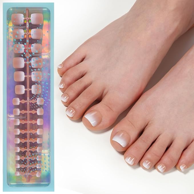 Vansiho Press on Toenails Short, Brown Ombre French Tips Toe Nail Press on Square for Women, Soft Gel Fake Toe Nails, Acrylic Nails Soak off Toenail Home DIY 15 Sizes