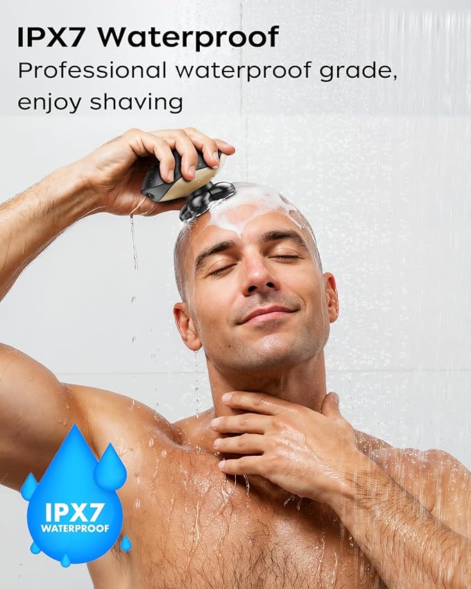 Electric Razor for Men, Head & Body Hair Shaver for Men, Cordless Rechargeable Wet/Dry Bald Head & Groin Waterproof Razor with Rotary Blades,Clippers, Beard Trimmer,Nose Trimmer, Brush (Golden)