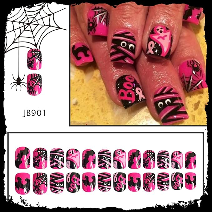 24Pcs Short Square Press on Nails Halloween Fake Nails Black Pink Ribbon Spider Web Cat Bat Design Full Cover Holiday Glue on Nails Horror Ghost False Nails for Women Acrylic Manicure Decorations
