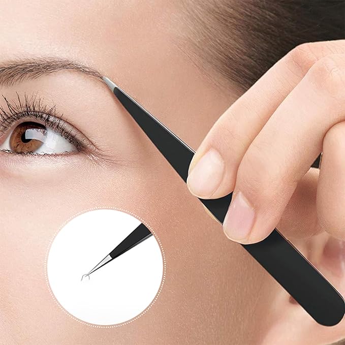 Professional Tweezers Set with Leather Case for Eyebrows, 3 Piece Black Precision Tweezers, Burgundy Storage Pouch