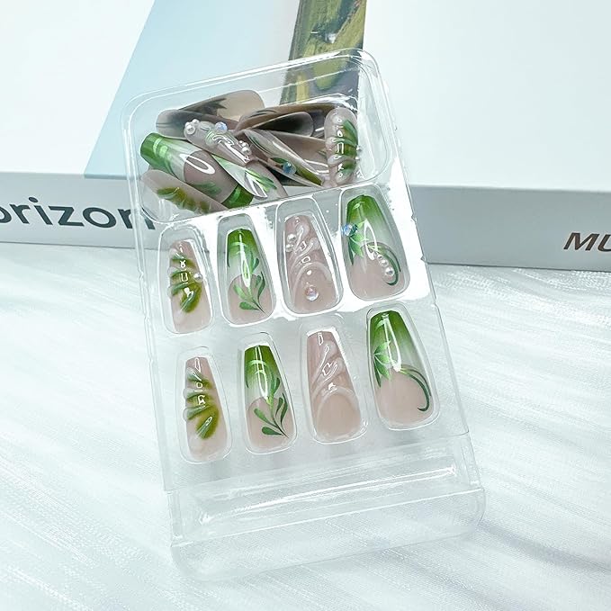 24Pcs Green Press on Nails Medium Square Nail Tips French Tip Fake Nails with 3D Designs Pearl Glue on Nails Summer Flower Acrylic Nails Vine False Nails Nude Full Cover Stick on Nails for Women