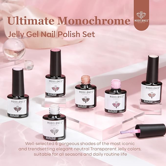 modelones Gel Nail Polish 6 Colors Transparent Jelly Milky White Sheer Pink Neutral Nude Gel Polish Nail Soak off Nail Polish French Nail Art Manicure DIY Home Salon Gift for Women