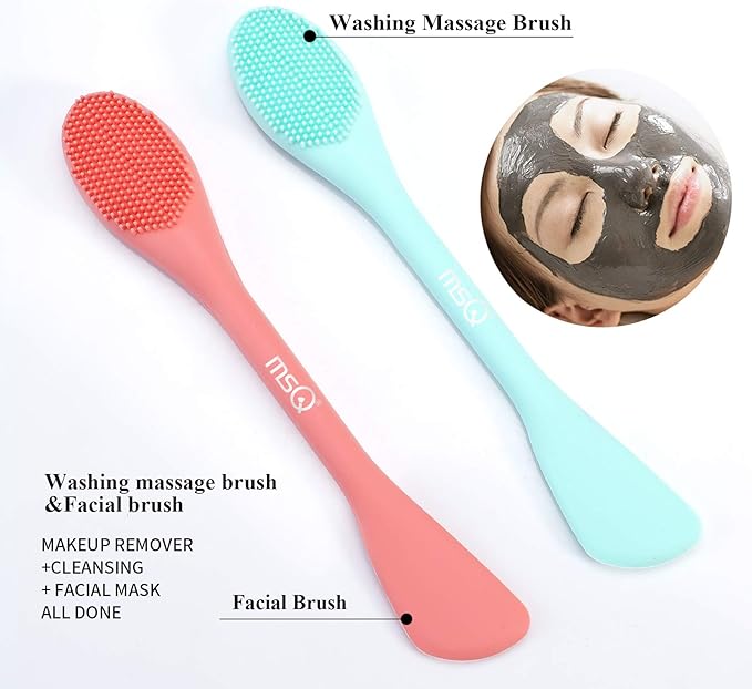 MSQ Silicone Face Mask Brush, Soft Facial Cleansing Scrubber, 2 Pack Double-End Facial Mask Brush for Mud, Clay, Charcoal Mixed Mask, DIY, Skincare Applicator Tools (Orange)