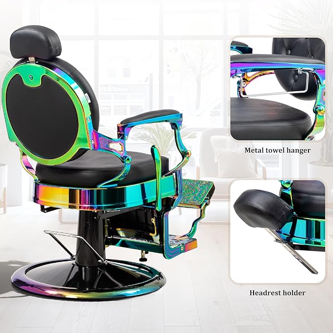 OmySalon Retro Barber Chair Heavy Duty, Aluminum Alloy Frame, Adjustable Headrest, Extra Wide Footrest, Hydraulic Salon Chair for Hair Stylist Reclining All Purpose for Beauty Spa Shampoo Styling