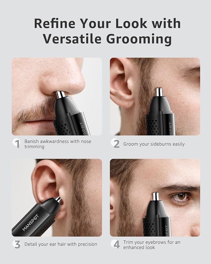MANSPOT Nose & Ear Hair Trimmer for Men, 10000-RPM Electric Nose Trimmer for Men with Vacuum Cleaning System, IPX7 Waterproof, USB-C Charge, 90min Runtime,Magnetic Detachable Blade Head,Easy to Clean