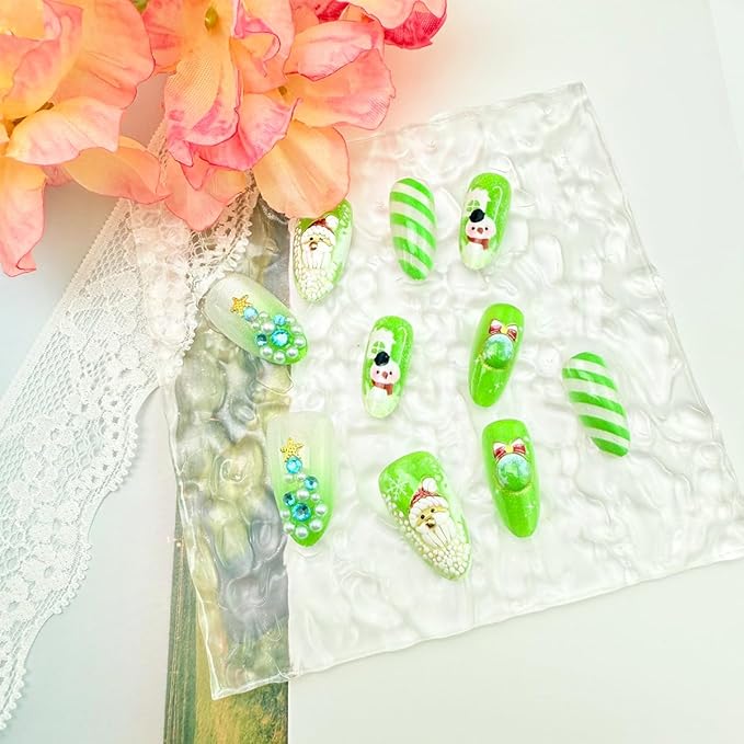 30Pcs Christmas Press on Nails Medium Almond Fake Nails Winter Acrylic Nails Snowman Santa Designs Green Christmas False Nails Snowflake Xmas Tree with Rhinestones Full Cover Stick on Nail for Women