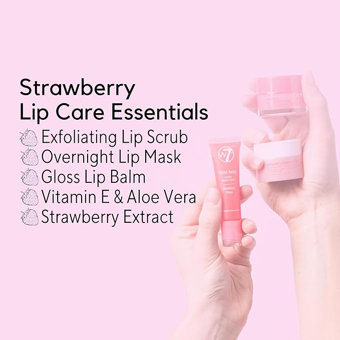 W7 Sweet Dreams Lip Care Trio - 3 Piece Set - Overnight Lip Mask, Lip Balm & Lip Scrub - Strawberry